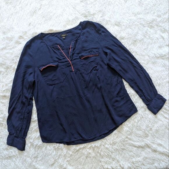 Cupio Navy Blue Long Sleeve V Neck Top with Coral Pink Trim - Picture 1 of 8